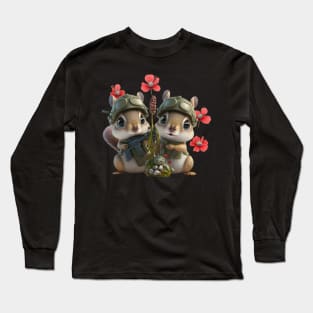 The brave squirrel soldier with a weapon, flowers, and helmet Long Sleeve T-Shirt